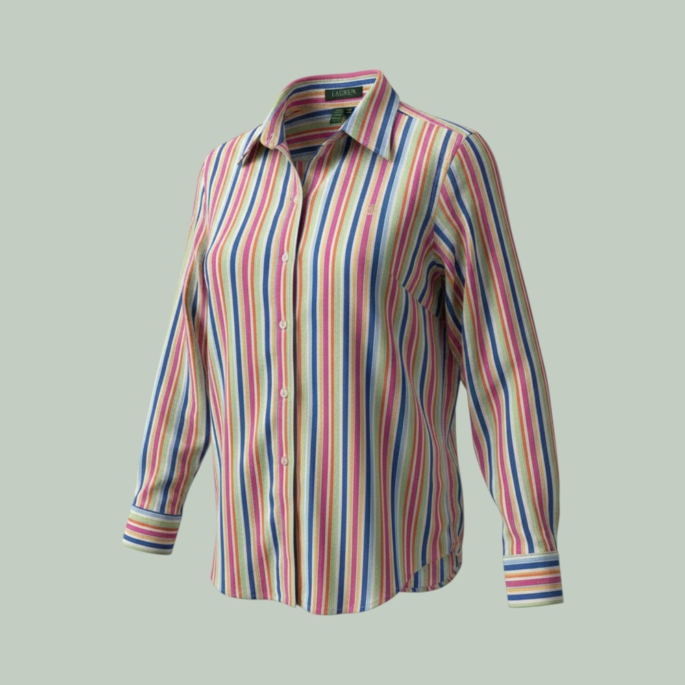 Lauren Ralph Lauren Womens Small Striped Button Down Shirt Cotton Multi Color